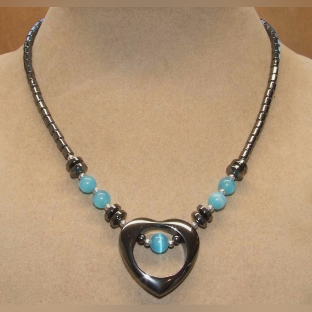 Vintage Hematite and Blue Cat’s Eye Heart Necklace